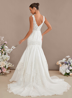 Trumpet/Mermaid V-Neck Court Train Organza Satin Lace Wedding Dress With Sequins 