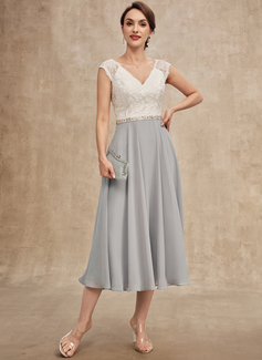 A-Line V-neck Tea-Length Chiffon Lace Mother of the Bride Dress With Beading 