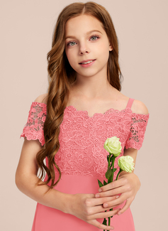 A-line kjole Kald skulder Gulvlengde Chiffon Blonder Brudepikekjole ungdom 