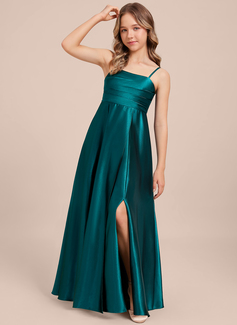 A-line Square Floor-Length Stretch Satin Junior Bridesmaid Dress 