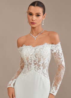 A-line Off the Shoulder Court Train Lace Chiffon Wedding Dress With Sequins 