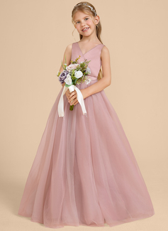 Prinzessin V-Ausschnitt Bodenlang Tüll Satin Blumenmädchenkleid mit Schleife Schärpe 