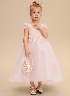 A-line kjole Kald skulder Te-lengde Tyll Brudepikekjole barn med 3D-blomster Sløyfe 