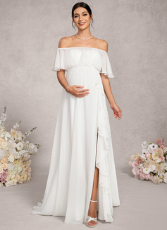 A-line Off the Shoulder Sweep Train Chiffon Maternity Dresses With Cascading Ruffles 