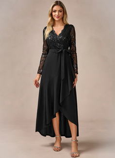 Sequins V-Neck Long Sleeve A-line Stretch Crepe Sequin Asymmetrical Maxi Dress 