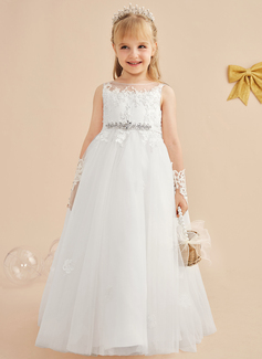 A-Linien-Kleid Rundhals Bodenlang Spitze Tüll Blumenmädchenkleid 