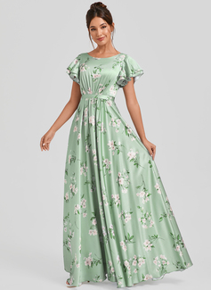 A-line Scoop Floor-Length Matte Satin Bridesmaid Dress With Ruffle 