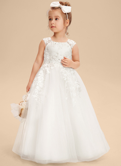 A-line kjole Scoop Gulvlengde Tyll Brudepikekjole barn med Cape paljetter 