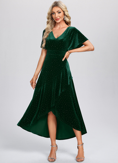A-line V-Neck Asymmetrical Ankle-Length Velvet Cocktail Dress 