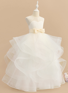 Prinzessin Rundhals Bodenlang Satin Tüll Spitze Blumenmädchenkleid mit Schleife 