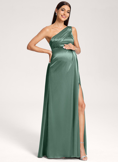 A-line One Shoulder Floor-Length Stretch Satin Maternity Dresses With Ruffle 