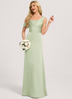 Sheath/Column Asymmetrical Floor-Length Matte Satin Bridesmaid Dress With Ruched 