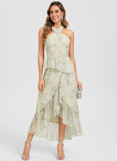 Trapèze licou asymétrique mousseline floral robe de cocktail avec à volants 