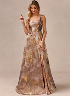 A-line Square Floor-Length Jacquard Evening Dress With 3D Floral 