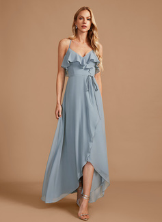 A-formet V-hals Asymmetrisk Chiffong Brudepikekjole med Frynse 