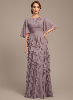 A-line Boat Neck Floor-Length Chiffon Mother of the Bride Dress With Ruffle Sequins Beading 