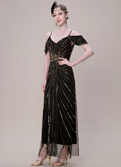 Off the Shoulder Crystal-Encrusted Beaded 1920s Evening Gown 