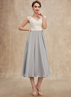 A-Line V-neck Tea-Length Chiffon Lace Mother of the Bride Dress With Beading 