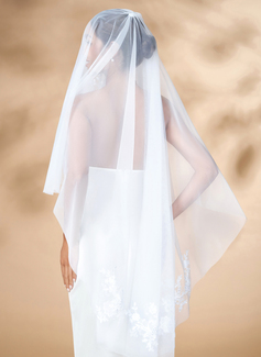 Lace Cut Edge Two Tier Bridal Fingertip Length 47" Wedding Veils With Blusher 