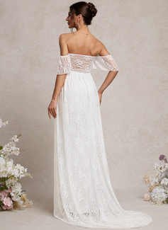 A-line Off the Shoulder Sweep Train Lace Maternity Dresses With Pleated 