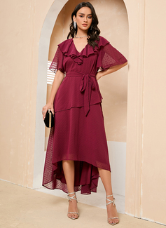 Brusende Volanger V-hals 1/2-ermer Elegant A-line kjole Chiffong Asymmetrisk Motekjoler 