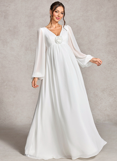 A-line V-Neck Floor-Length Chiffon Maternity Dresses With Pleated 3D Floral 