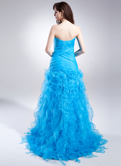 A-Line/Princess Strapless Sweep Train Organza Prom Dresses With Split Front Cascading Ruffles 