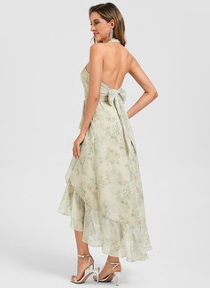 Trapèze licou asymétrique mousseline floral robe de cocktail avec à volants 