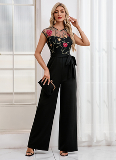 Broderier Rund-halsudskæring Illusion Hætte ærmer Tyl Jersey Maxi Jumpsuits 