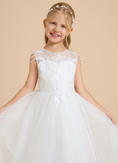 Prinzessin Rundhals Bodenlang Spitze Satin Tüll Blumenmädchenkleid mit Perlen 