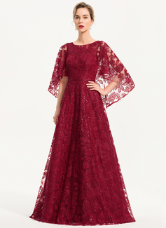 A-Linien-Kleid Rundhals Bodenlang Pailletten Spitze Abendkleid mit Cape-Ärmel 