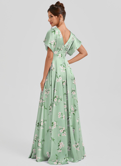 A-line V-Neck Floor-Length Matte Satin Bridesmaid Dress 