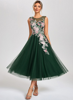 A-line Scoop Tea-Length Tulle Lace Cocktail Dress 