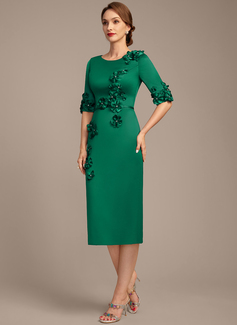 Sheath/Column Scoop Tea-Length Silky Satin Mother of the Bride Dress With Beading 3D Floral 