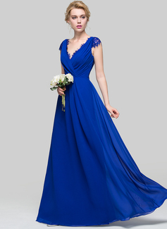 A-Line V-neck Floor-Length Chiffon Bridesmaid Dress With Ruffle 