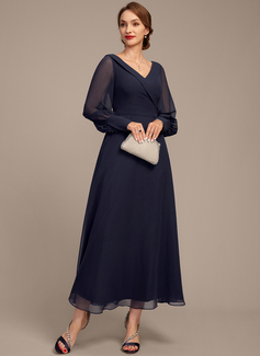 A-line V-Neck Collared Ankle-Length Chiffon Mother of the Bride Dress With Pleated 