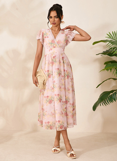 Floral Print V-Neck Short Sleeve A-line Chiffon Midi Dress 