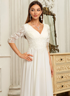 A-line kjole V-hals Asymmetrisk Blonder Chiffon Brudekjole 