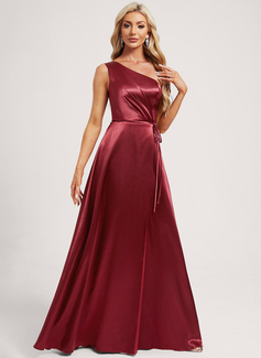 A-line kjole En skuldret Gulvlengde Strekk sateng Brudepikekjole 