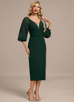 Sheath/Column V-Neck Tea-Length Chiffon Evening Dress With Pleated 