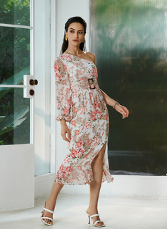 En skuldret Lange ermer Ferie Sheath Chiffong Midi Motekjoler 