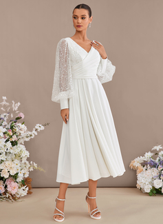 A-line V-Neck Tea-Length Stretch Crepe Wedding Dress With Sequins 