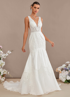 Trumpet/Mermaid V-Neck Court Train Organza Satin Lace Wedding Dress With Sequins 