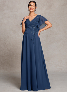 A-line V-Neck Floor-Length Lace Chiffon Maternity Dresses With Sequins Pleated 