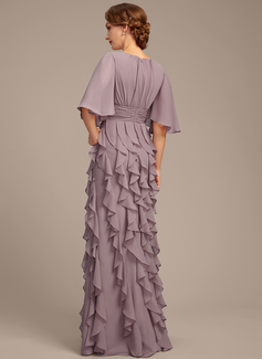 A-line Boat Neck Floor-Length Chiffon Mother of the Bride Dress With Ruffle Sequins Beading 