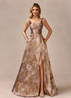 A-line Square Floor-Length Jacquard Evening Dress With 3D Floral 