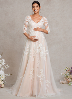 A-line V-Neck Sweep Train Tulle Lace Maternity Dresses 