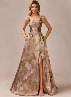 A-line Square Floor-Length Jacquard Evening Dress With 3D Floral 