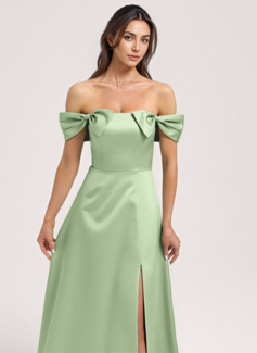 A-line Off the Shoulder Floor-Length Satin Bridesmaid Dress With Bow 