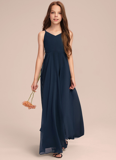 A-line kjole V-hals Gulvlengde Chiffon Brudepikekjole ungdom med Sløyfe 